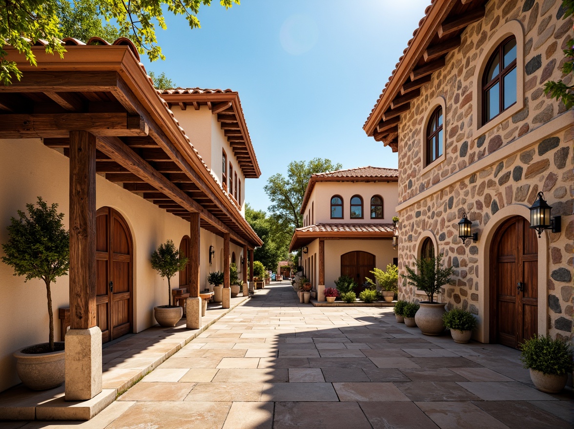 Prompt: Traditional regional architecture, rustic stone walls, wooden beams, terracotta roofs, ornate facades, arched windows, intricate carvings, vibrant ceramic tiles, colorful stucco exteriors, grand entranceways, symmetrical compositions, warm golden lighting, shallow depth of field, 1/2 composition, realistic textures, ambient occlusion.