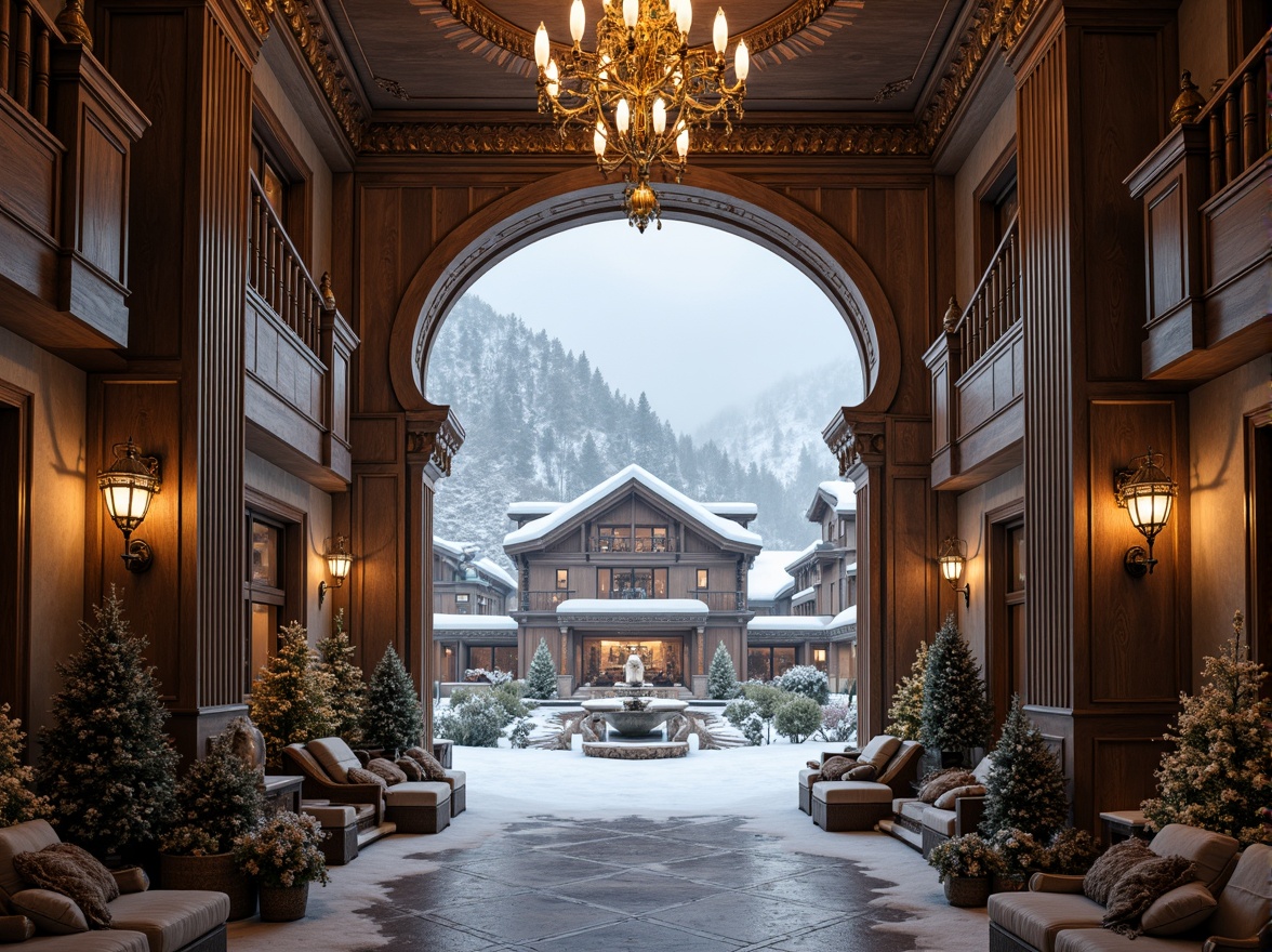 Prompt: Grandiose ski resort, ornate Baroque-style facade, intricately carved wooden doors, gilded accents, symmetrical composition, grand arches, sweeping staircases, opulent chandeliers, snow-capped roofs, frozen lakeside views, misty mountainous backdrop, warm golden lighting, shallow depth of field, 1/2 composition, dramatic shadows, realistic ice textures, ambient occlusion.