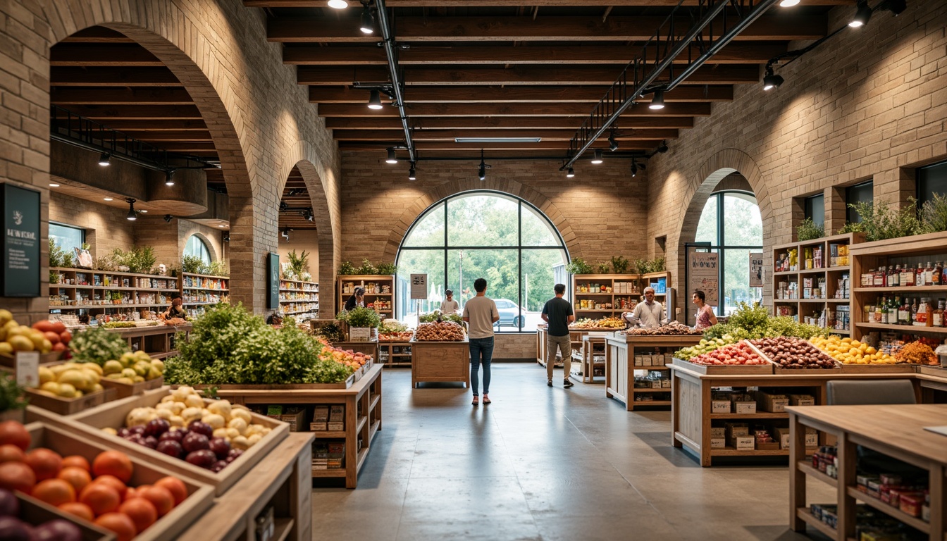 Prompt: Vibrant grocery store interior, archway entrances, natural stone walls, wooden accents, polished concrete floors, modern lighting fixtures, suspended shelving systems, fresh produce displays, colorful packaging designs, bustling shopping atmosphere, shallow depth of field, 3/4 composition, soft warm lighting, realistic textures, ambient occlusion.