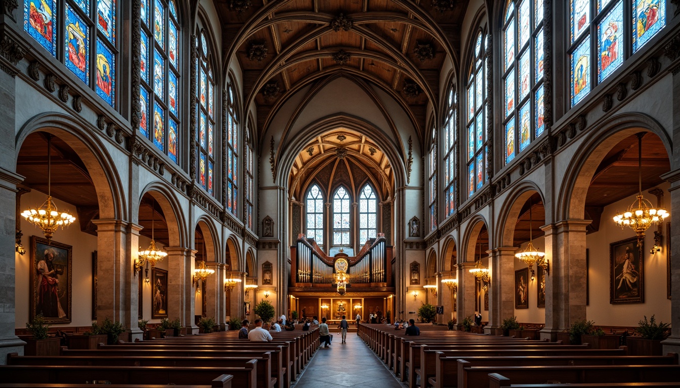 Prompt: Stunning stained glass windows, intricate Gothic arches, ornate stone carvings, grandiose cathedral ceilings, majestic organ pipes, solemn pews, elegant chandeliers, spiritual ambiance, warm natural light, soft diffused illumination, 1/1 composition, symmetrical framing, vivid colorful patterns, ornate metalwork details.