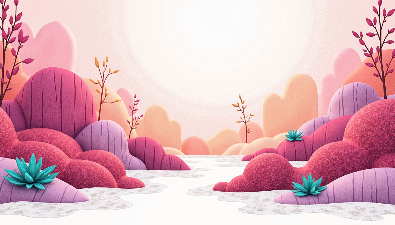 Prompt: Vibrant magenta accents, pastel pink hues, soft peach undertones, rich turquoise contrasts, warm golden lighting, creamy white backgrounds, subtle lavender undertones, natural wood textures, organic shapes, fluid curves, abstract patterns, whimsical illustrations, delicate line art, dreamy atmosphere, ethereal ambiance, shallow depth of field, 1/1 composition, panoramic view, realistic renderings, ambient occlusion.