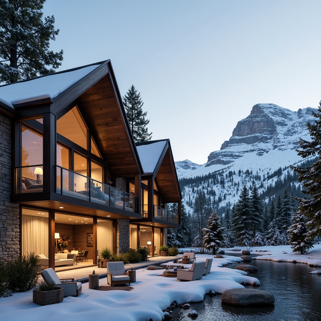 Prompt: Snow-capped mountain peaks, rustic wooden cabins, vast windows, sliding glass doors, natural stone walls, earthy color palette, ambient warm lighting, soft diffused light, shallow depth of field, 3/4 composition, panoramic view, realistic textures, ambient occlusion, modern minimalist design, cantilevered roofs, overhanging eaves, wooden beams, cozy interior spaces, plush furnishings, nature-inspired decor, pinecone accents, earthy scent, misty morning atmosphere.