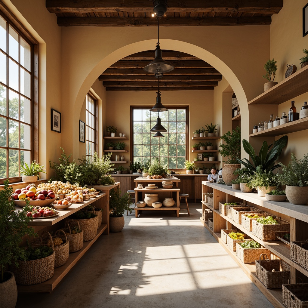 Prompt: Cozy grocery store interior, warm beige walls, rustic wooden archways, vintage metal lanterns, abundant natural light, polished concrete floors, modern minimalist shelving, eclectic product displays, woven wicker baskets, earthy tone color scheme, soft warm lighting, shallow depth of field, 1/2 composition, realistic textures, ambient occlusion.