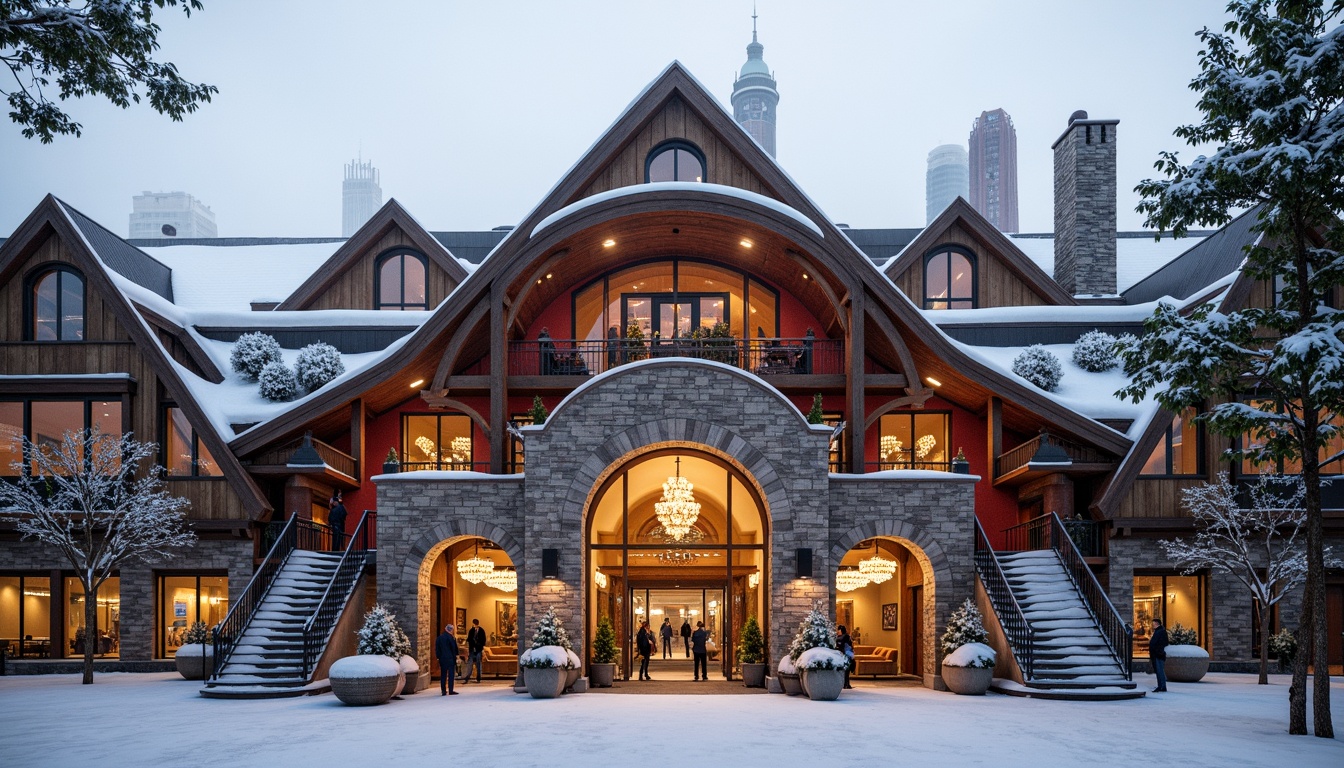 Prompt: Ornate ski center facade, grandiose entrance, curved lines, gilded details, rustic stone walls, wooden accents, snow-covered rooftops, steeply pitched roofs, tall chimneys, vibrant red and gold colors, intricate stonework, ornamental balconies, majestic arches, grand staircases, regal chandeliers, warm golden lighting, soft focus, atmospheric mist, 1/2 composition, symmetrical framing, realistic snow textures, ambient occlusion.