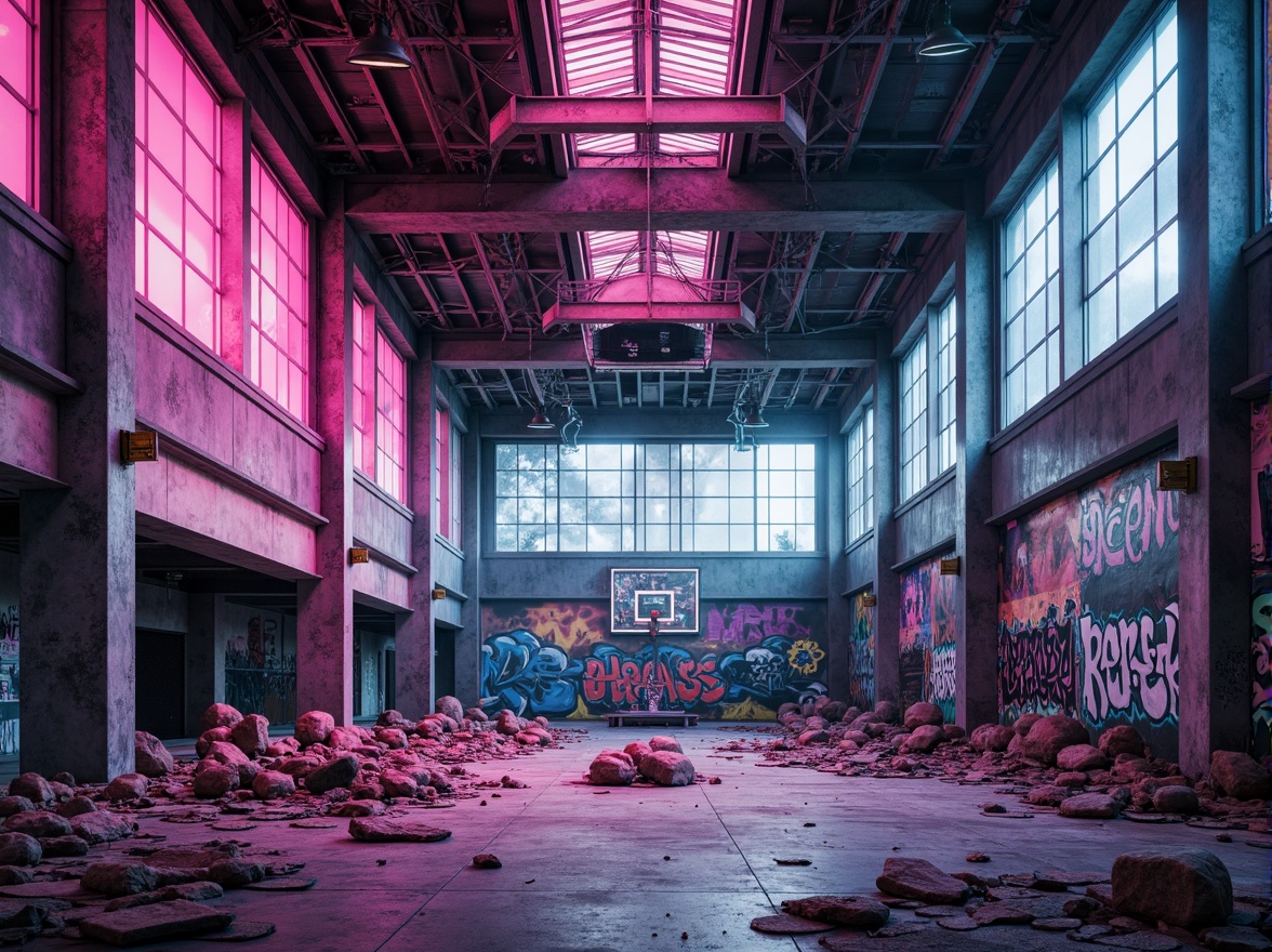 Prompt: Deconstructed gymnasium, bold brutalist architecture, distressed concrete walls, fragmented steel beams, chaotic color palette, clashing bright hues, neon pink accents, electric blue undertones, graffiti-inspired murals, urban decay textures, industrial-style lighting fixtures, exposed ductwork, metallic grilles, avant-garde sculptures, abstract geometric patterns, dissonant angles, distorted reflections, high-contrast shadows, cinematic low-key lighting, dynamic camera movements, 2.5D composition, stylized realism, atmospheric fog effects.