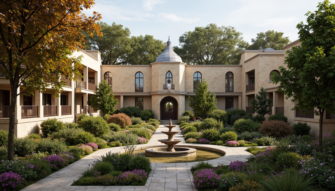 Prompt: Rustic Romanesque style buildings, lush greenery, blooming flowers, ornate fountains, meandering stone pathways, mature trees, vibrant seasonal colors, natural stone walls, decorative iron railings, symmetrical gardens, tranquil water features, soft warm lighting, shallow depth of field, 1/1 composition, panoramic view, realistic textures, ambient occlusion.