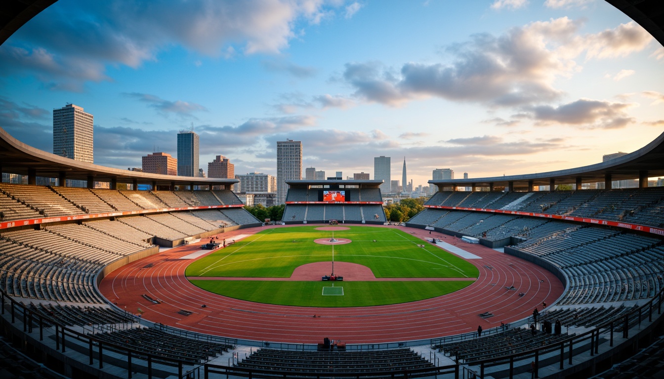 Prompt: Streamlined modern sports field, sleek steel fencing, vibrant green artificial turf, athletic track lanes, goalposts, scoreboard displays, floodlighting, evening atmosphere, warm golden lighting, shallow depth of field, 3/4 composition, panoramic view, realistic textures, ambient occlusion, minimalist architecture, curved lines, bold color accents, dynamic shapes, geometric patterns, urban landscape, city skyline views, blue sky with fluffy white clouds.