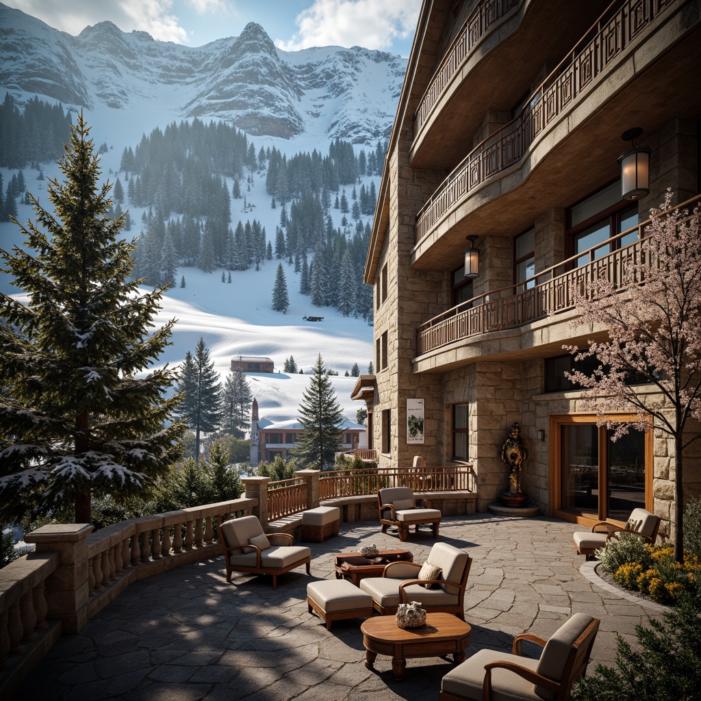 Prompt: Grandiose ski resort, ornate stone carvings, intricate wooden decorations, lavish chandeliers, opulent furnishings, regal atmosphere, snow-capped mountains, frosty pine trees, frozen lakes, misty morning fog, warm golden lighting, dramatic shadows, high-contrast composition, symmetrical architecture, curved lines, ornate balconies, rustic wooden accents, rich velvet fabrics, gilded metal fixtures, grand staircases, majestic fireplaces, vintage ski equipment, antique furniture pieces, nostalgic winter sports memorabilia, soft focus background, 1/2 composition, cinematic mood.