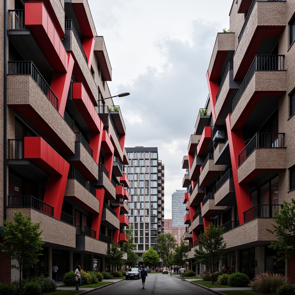 Prompt: Geometric student halls, constructivist architecture, bold red accents, industrial metal beams, exposed ductwork, angular brick walls, fragmented windows, abstract sculptural forms, urban cityscape, cloudy grey sky, dramatic high-contrast lighting, shallow depth of field, 1/1 composition, symmetrical framing, gritty realistic textures, ambient occlusion.