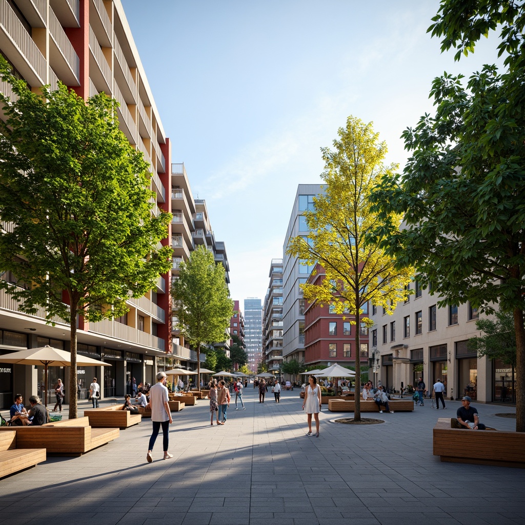 Prompt: Vibrant city plaza, modern urban design, pedestrian-friendly streets, lush greenery, public art installations, interactive fountains, wooden benches, street performers, sunny day, soft warm lighting, shallow depth of field, 3/4 composition, panoramic view, realistic textures, ambient occlusion.