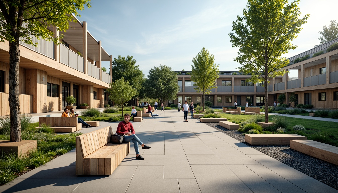 Prompt: Eco-friendly school campus, recycled plastic benches, solar-powered roofs, green walls, living classrooms, natural ventilation systems, low-carbon footprint, sustainable wood furniture, minimalist decor, ample daylight, soft diffused lighting, 1/1 composition, shallow depth of field, realistic textures, ambient occlusion.