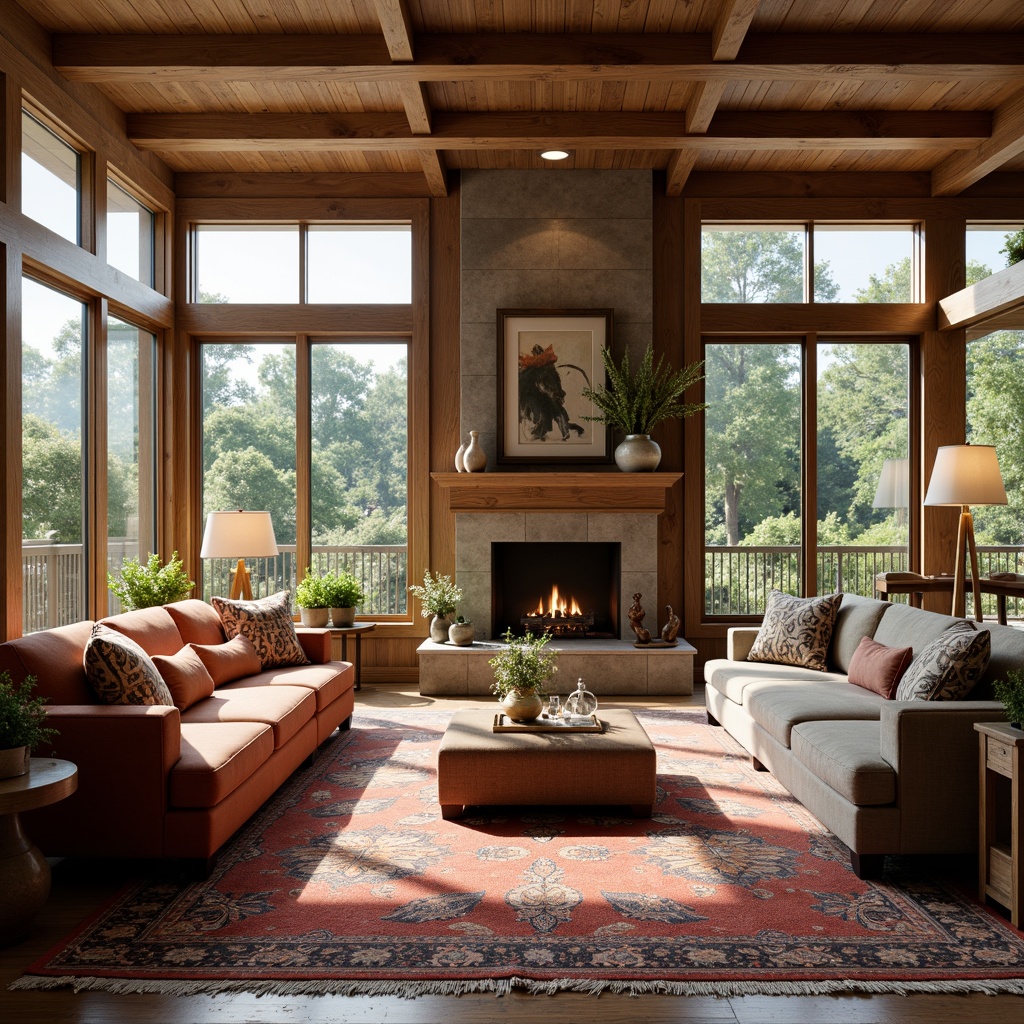 Prompt: Cozy living rooms, plush couches, warm fireplaces, soft rugs, comfortable seating areas, intimate coffee tables, vibrant artwork, decorative vases, natural wood accents, large windows, abundant sunlight, airy atmosphere, 3/4 composition, shallow depth of field, panoramic view, realistic textures, ambient occlusion.