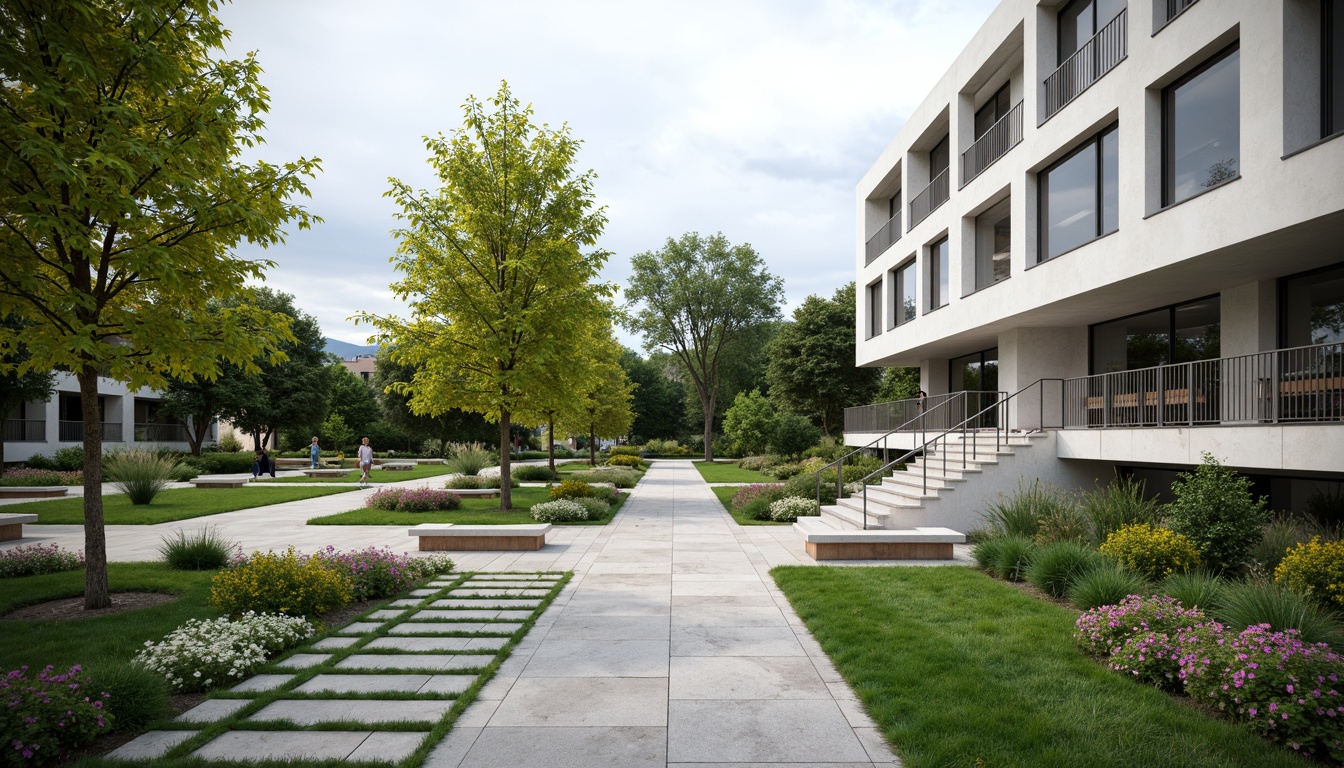 Prompt: Modern international style library, minimalist landscaping, clean lines, simple shapes, lush green lawns, ornamental trees, vibrant flowering plants, decorative stone benches, sleek metal railings, geometric patterned paving, natural stone walkways, modern outdoor lighting, subtle water features, peaceful ambiance, shallow depth of field, 3/4 composition, panoramic view, realistic textures, ambient occlusion.