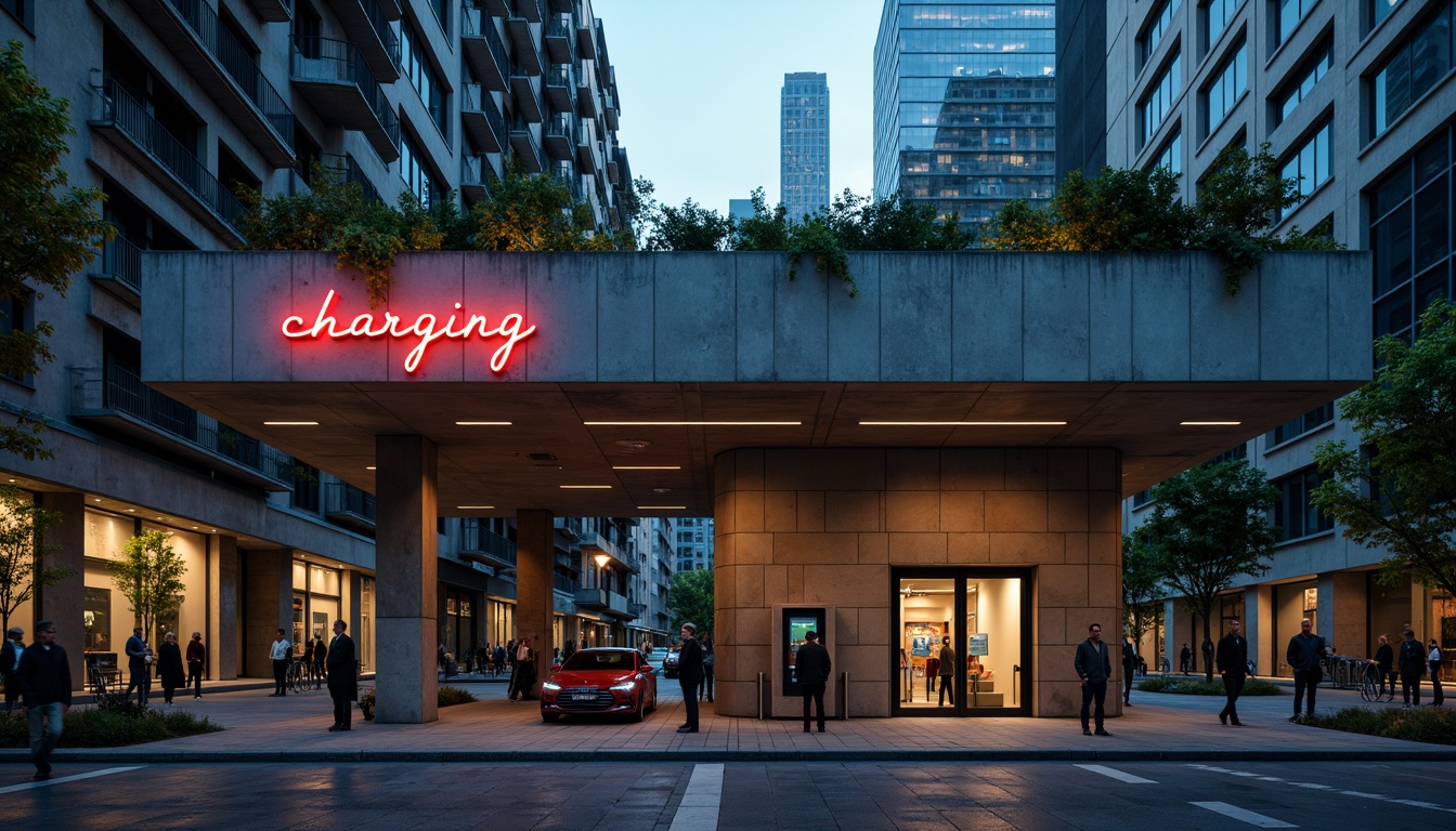 Prompt: Rugged brutalist charging station, exposed concrete facade, raw industrial aesthetic, geometric shapes, bold typography, neon accent lights, urban cityscape, evening twilight atmosphere, moody shadows, dramatic lighting, low-angle composition, cinematic mood, gritty textures, weathered steel accents, functionalist design, modernist influences, dynamic angles, futuristic feel, high-contrast colors, deep depth of field.