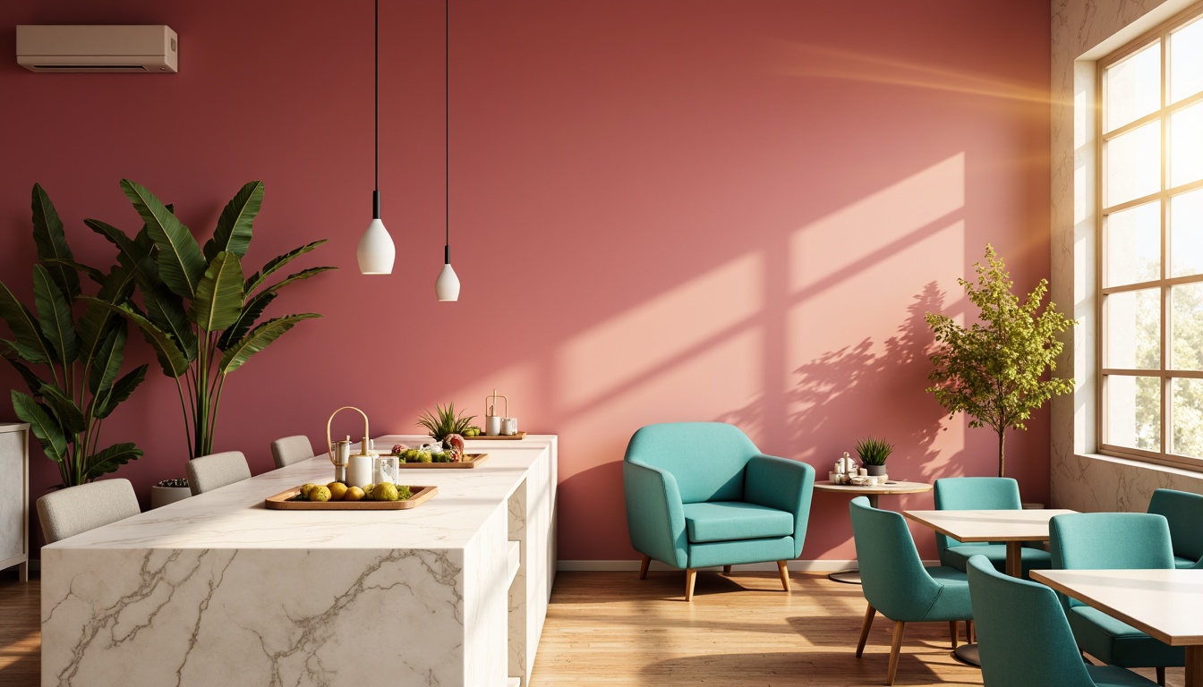 Prompt: Vibrant magenta accent wall, soft peach tone background, rich turquoise furniture, creamy white marble countertops, warm golden lighting, natural wood flooring, lush greenery, modern minimalist decor, sleek metal accents, subtle geometric patterns, ambient soft focus, shallow depth of field, 2/3 composition, warm sunny day, realistic textures.