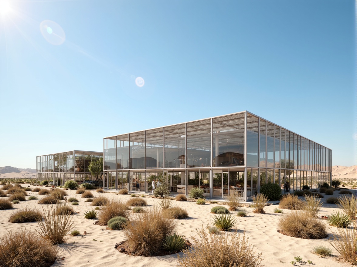 Prompt: Desert greenhouse, arid landscape, cactus plants, sandy dunes, hot sunny day, clear blue sky, vast open space, modern futuristic architecture, sleek metal frames, reflective glass surfaces, angular lines, minimalist design, innovative cooling technologies, shaded outdoor spaces, misting systems, evaporative cooling systems, heat recovery ventilation systems, natural convection ventilation, solar-powered fans, desert-resistant materials, insulated walls, double-glazed windows, climate-controlled environment, optimal temperature regulation, humidity control systems, fresh air intake, air purification systems, organic farming practices, sustainable agriculture methods.