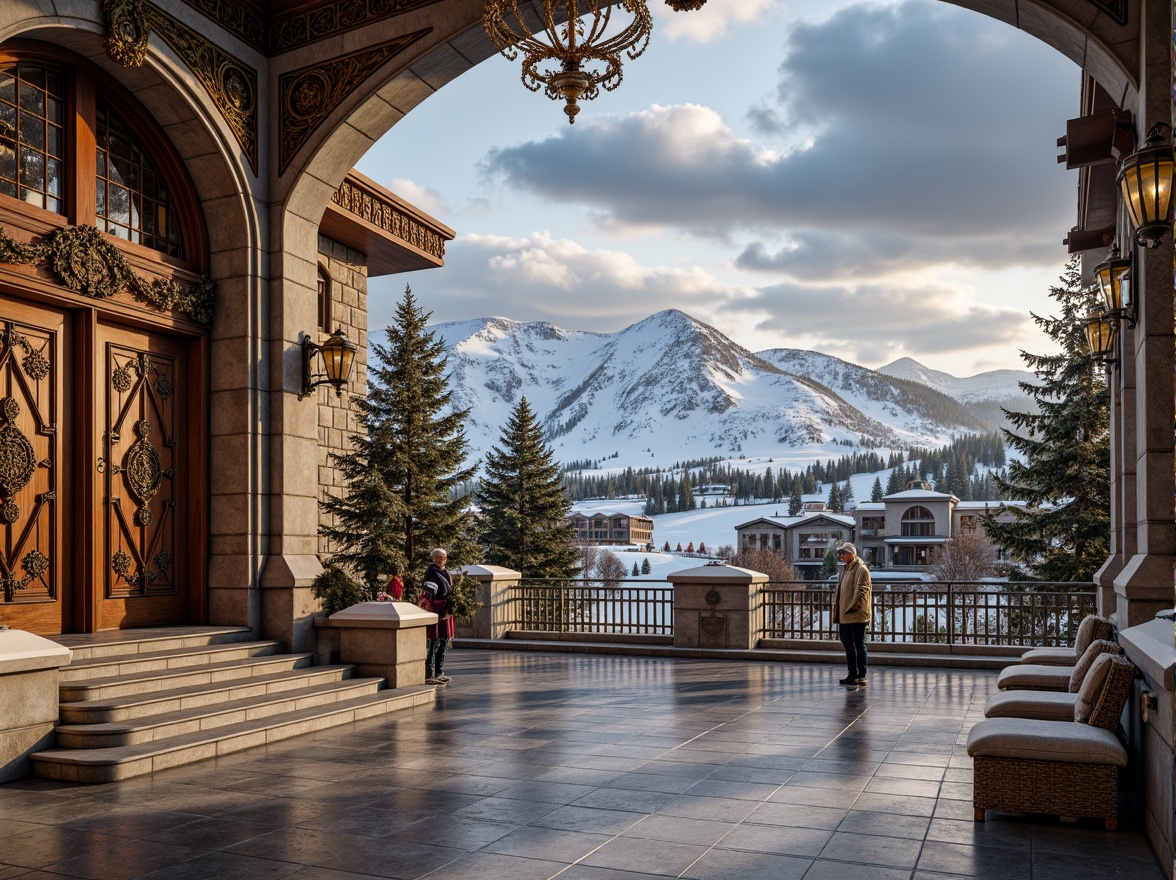 Prompt: Grandiose ski resort, ornate Baroque facade, intricately carved wooden doors, golden accents, sweeping arches, grand staircase, lavish chandeliers, marble floors, rustic stone walls, snow-capped mountains, powdery slopes, frozen lakes, evergreen trees, cloudy skies, warm afternoon light, shallow depth of field, 1/1 composition, realistic textures, ambient occlusion.