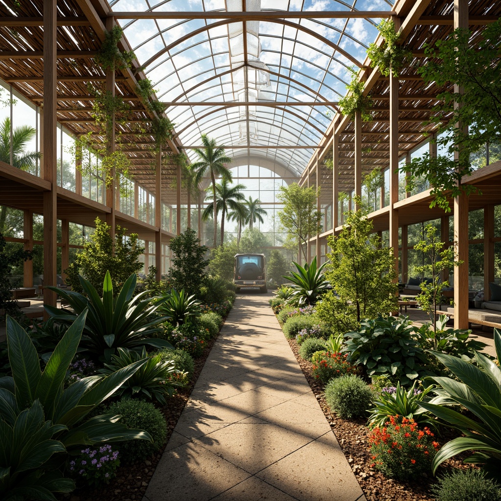 Prompt: Lush greenhouse interior, tropical plants, natural stone walls, wooden trellises, misting systems, warm soft lighting, shallow depth of field, 3/4 composition, panoramic view, realistic textures, ambient occlusion, curved glass roofs, steel frames, modern minimalist architecture, sustainable energy solutions, solar panels, water conservation systems, green roofs, eco-friendly materials, innovative cooling technologies, shaded outdoor spaces, vibrant colorful textiles, intricate geometric motifs, serene atmosphere, natural ventilation, organic shapes, earthy tones.