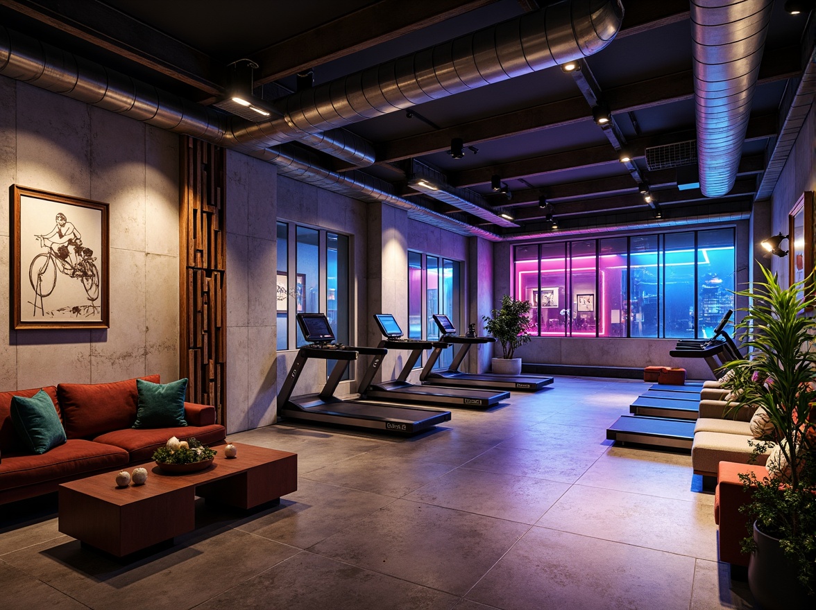 Prompt: Luxurious fitness club interior, polished chrome equipment, textured concrete walls, reclaimed wood accents, sleek glass partitions, industrial metal beams, vibrant neon lights, plush velvet upholstery, natural stone flooring, modern minimalist decor, high-ceiling open spaces, dramatic spotlights, contrasting rough-hewn stone and smooth metallic surfaces, urban loft-inspired aesthetic, energetic atmosphere, dynamic shadows, 1/1 composition, shallow depth of field.