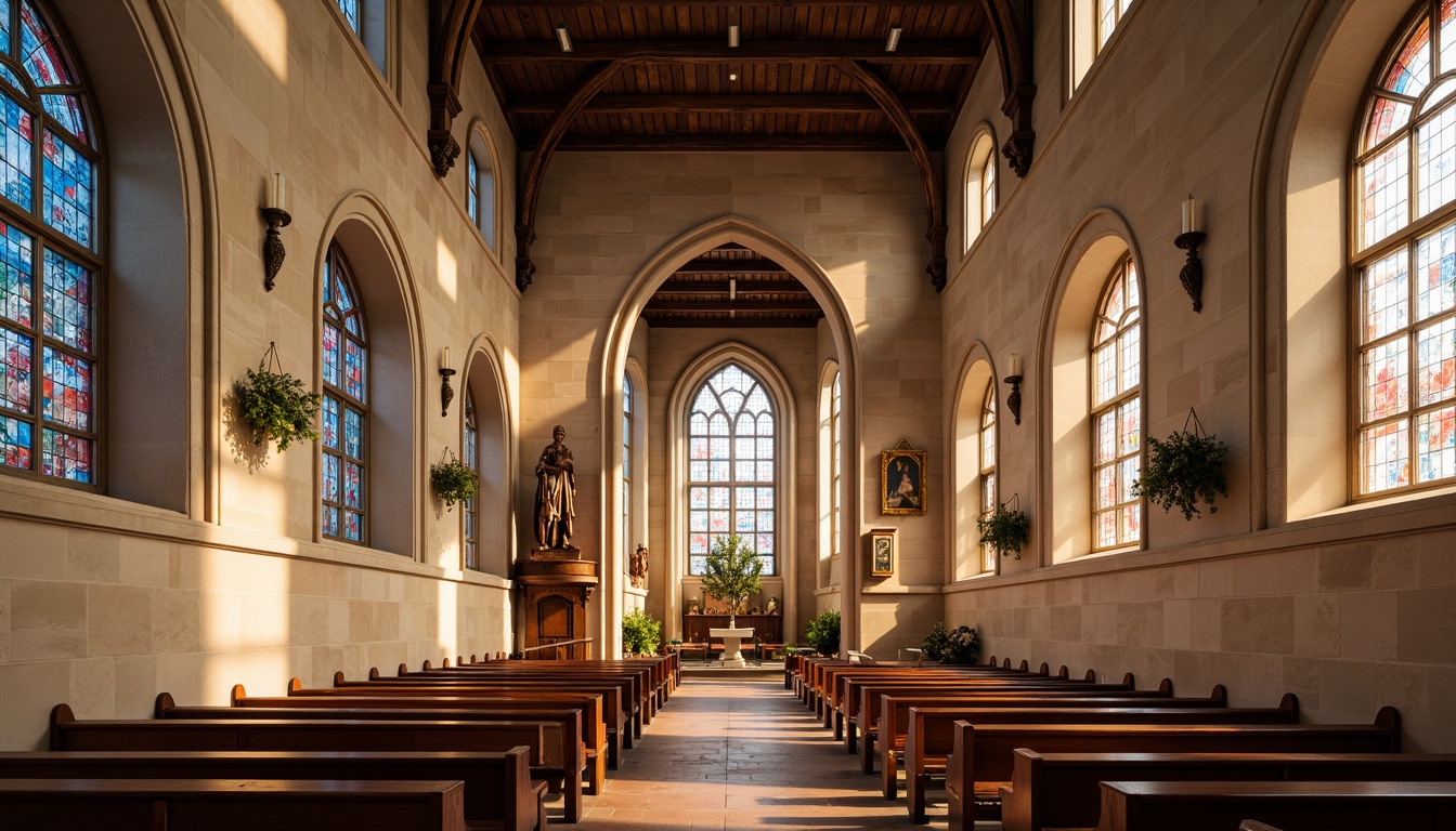 Prompt: Sacred church interior, soft warm lighting, cream-colored stone walls, rich wood accents, elegant stained glass windows, vibrant blue and red hues, subtle golden ornaments, ornate ceilings, traditional Gothic architecture, serene atmosphere, peaceful ambiance, natural textures, earthy tones, gentle color transitions, 1/1 composition, realistic rendering.