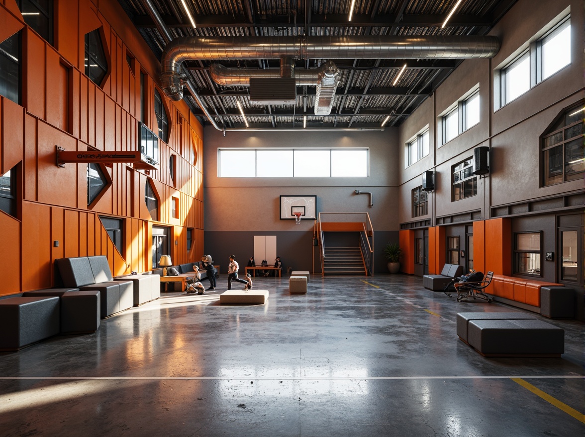 Prompt: Deconstructed gymnasium interior, fragmented walls, irregularly shaped columns, dynamically angled floors, bold color contrasts, abstract geometric patterns, futuristic lighting fixtures, suspended athletic equipment, minimalist seating areas, metallic mesh ceilings, polished concrete floors, industrial-style ductwork, dramatic shadows, high-contrast textures, 1/1 composition, low-angle shot, cinematic lighting, realistic reflections.