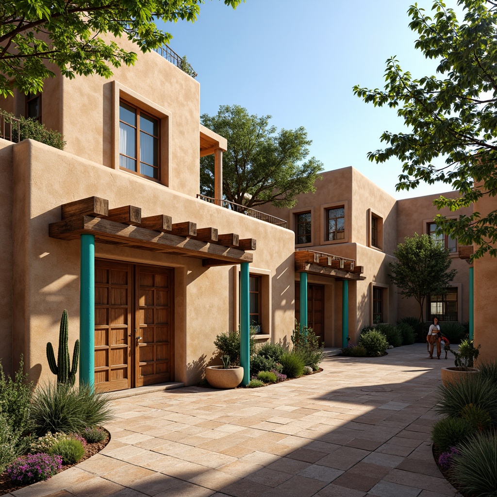 Prompt: Regionalism style buildings, earthy tone exteriors, rustic stone walls, curved clay roof tiles, vibrant turquoise accents, ornate wooden doorways, lush greenery surroundings, blooming cacti, warm sunny day, soft natural lighting, shallow depth of field, 3/4 composition, panoramic view, realistic textures, ambient occlusion.