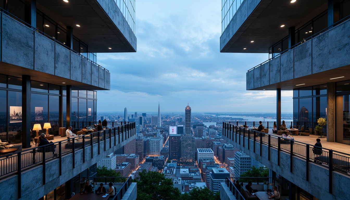 Prompt: Futuristic watching towers, sleek metallic structures, angular lines, minimalist design, modernist architecture, cantilevered decks, panoramic views, floor-to-ceiling windows, glass railings, steel beams, concrete foundations, geometric patterns, industrial materials, urban landscape, city skyline, blue hour lighting, dramatic shadows, high contrast textures, atmospheric perspective, 1/2 composition, symmetrical framing.