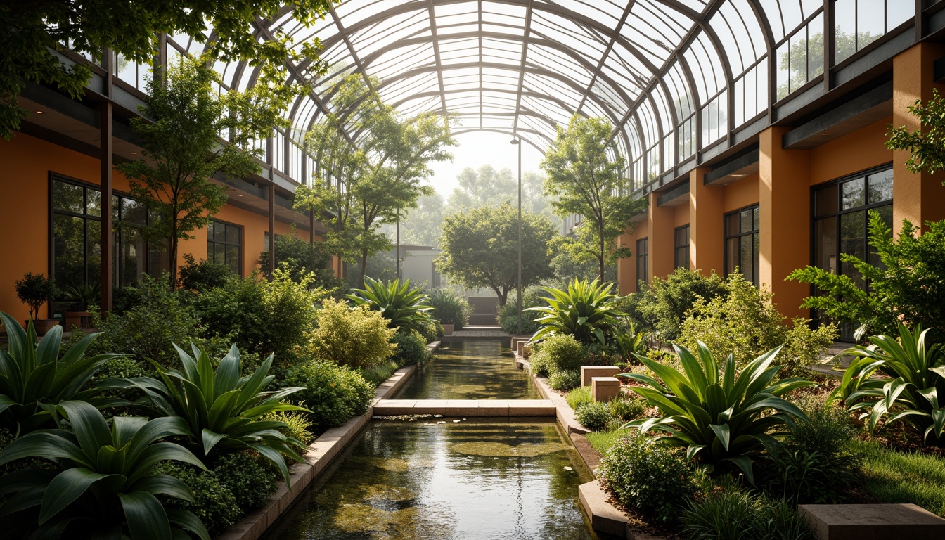 Prompt: Vibrant botanical garden, lush foliage, tropical plants, warm natural light, misty atmosphere, steel framework, curved glass roofs, modern minimalist architecture, bright accent walls, earthy terracotta pots, wooden trellises, natural stone pathways, calming water features, soft diffused lighting, shallow depth of field, 1/1 composition, realistic plant textures, ambient occlusion.