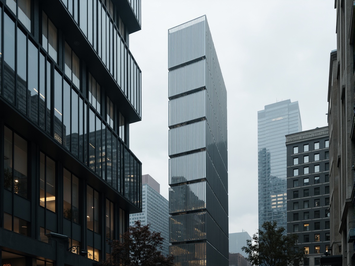 Prompt: Sleek watching towers, modernist facade design, geometric patterns, metallic materials, reflective glass surfaces, angular lines, minimalist aesthetic, urban cityscape, high-rise buildings, concrete structures, industrial textures, dramatic lighting effects, atmospheric fog, moody gray skies, cinematic composition, 1/1 aspect ratio, shallow depth of field, realistic reflections.