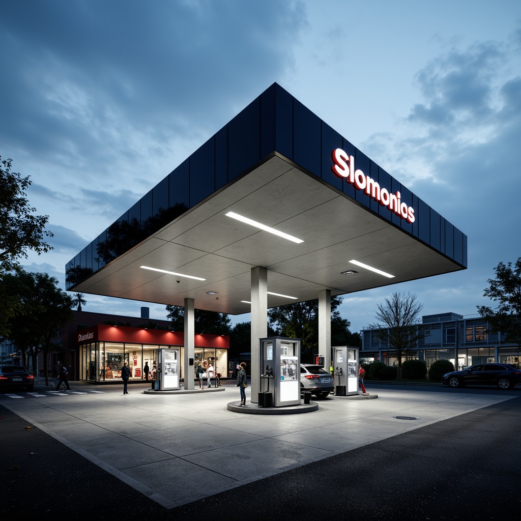 Prompt: Sleek gas station, modernist architecture, cantilevered canopies, steel beams, minimalist columns, glass fa\u00e7ade, angular lines, bold typography, neon signage, LED lights, polished concrete floors, stainless steel equipment, futuristic fuel pumps, circular islands, asphalt driveway, urban landscape, cloudy sky, dramatic shadows, high-contrast lighting, 1/2 composition, symmetrical framing, shallow depth of field.