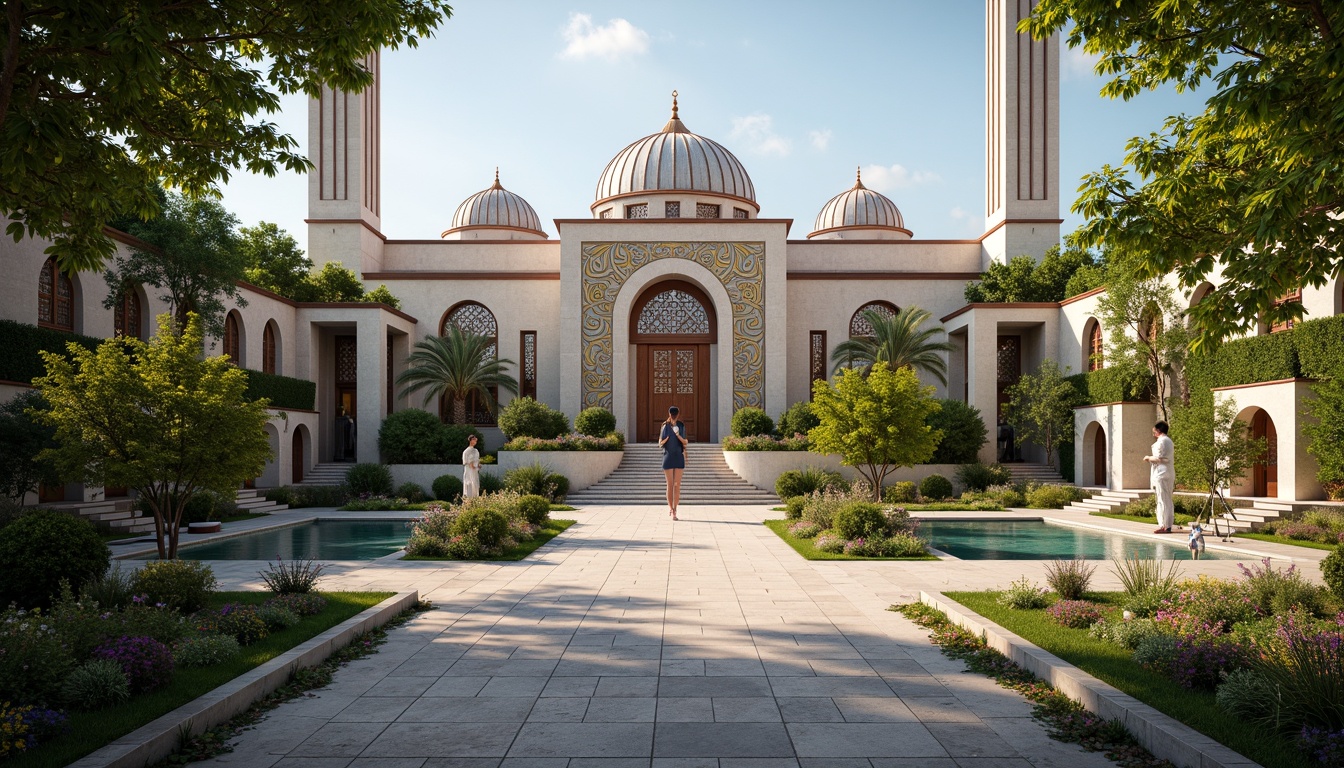 Prompt: Sacred gardens, lush greenery, serene water features, spiritual statues, contemporary mosque design, sleek minarets, grand archways, intricate geometric patterns, vibrant Islamic calligraphy, natural stone flooring, ornate wooden doors, stained glass windows, soft warm lighting, 3/4 composition, panoramic view, realistic textures, ambient occlusion.