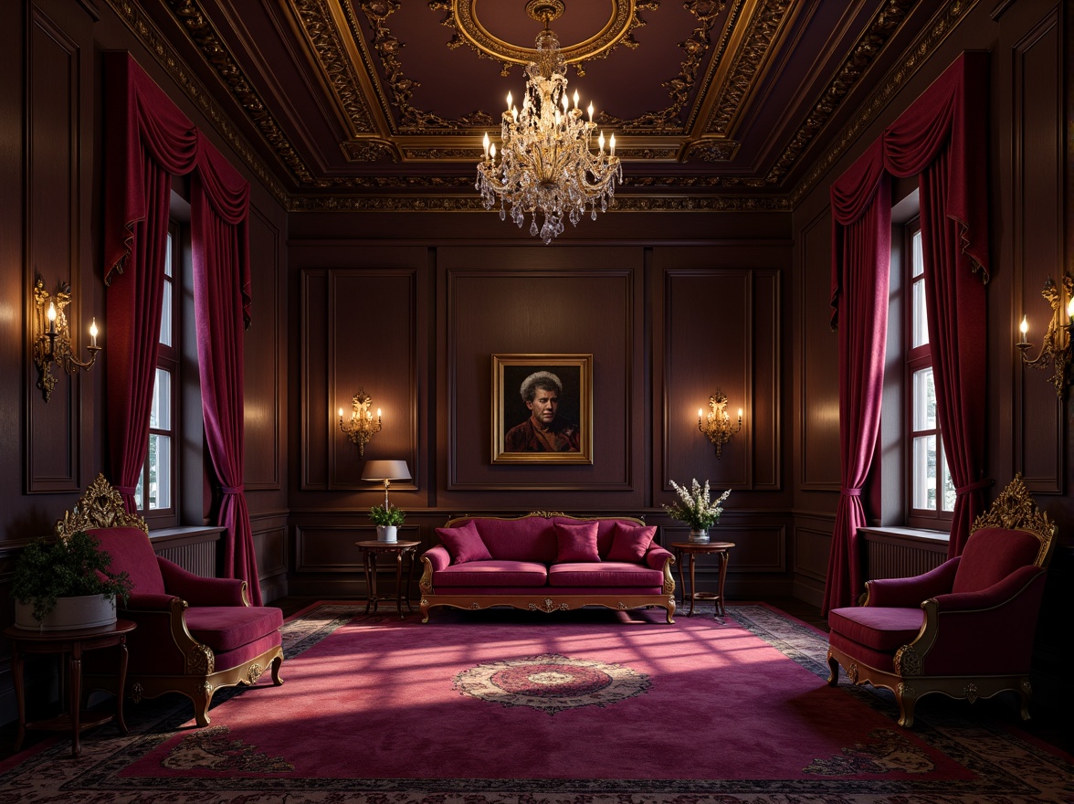 Prompt: Rich plum hues, luxurious velvet textures, ornate golden accents, lavish drapery, opulent furnishings, regal atmosphere, dark wood paneling, crystal chandeliers, dramatic lighting, mysterious shadows, warm intimate ambiance, soft focus, 1/2 composition, low-key lighting, realistic reflections, subtle gradient maps.