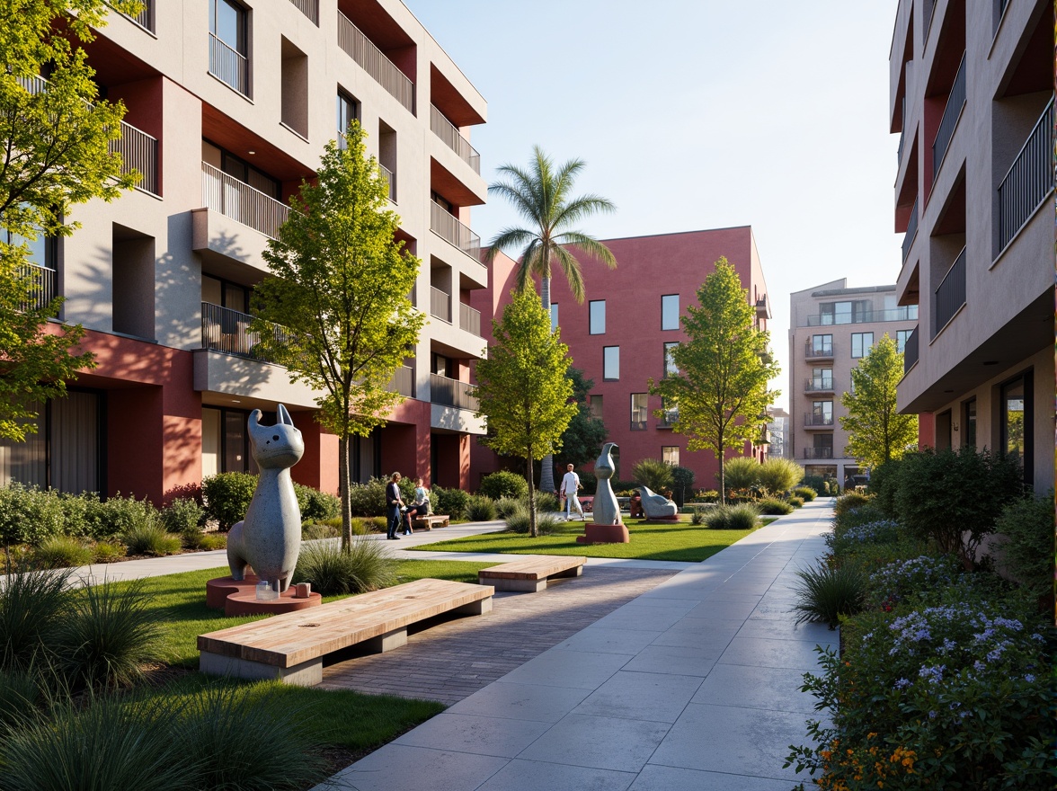 Prompt: Vibrant campus courtyard, modern experimental architecture, bold geometric shapes, abstract sculptures, lush greenery, native plants, walking paths, natural stone pavers, wooden benches, educational signage, interactive art installations, futuristic lighting systems, warm ambient glow, shallow depth of field, 1/1 composition, panoramic view, realistic textures, ambient occlusion.