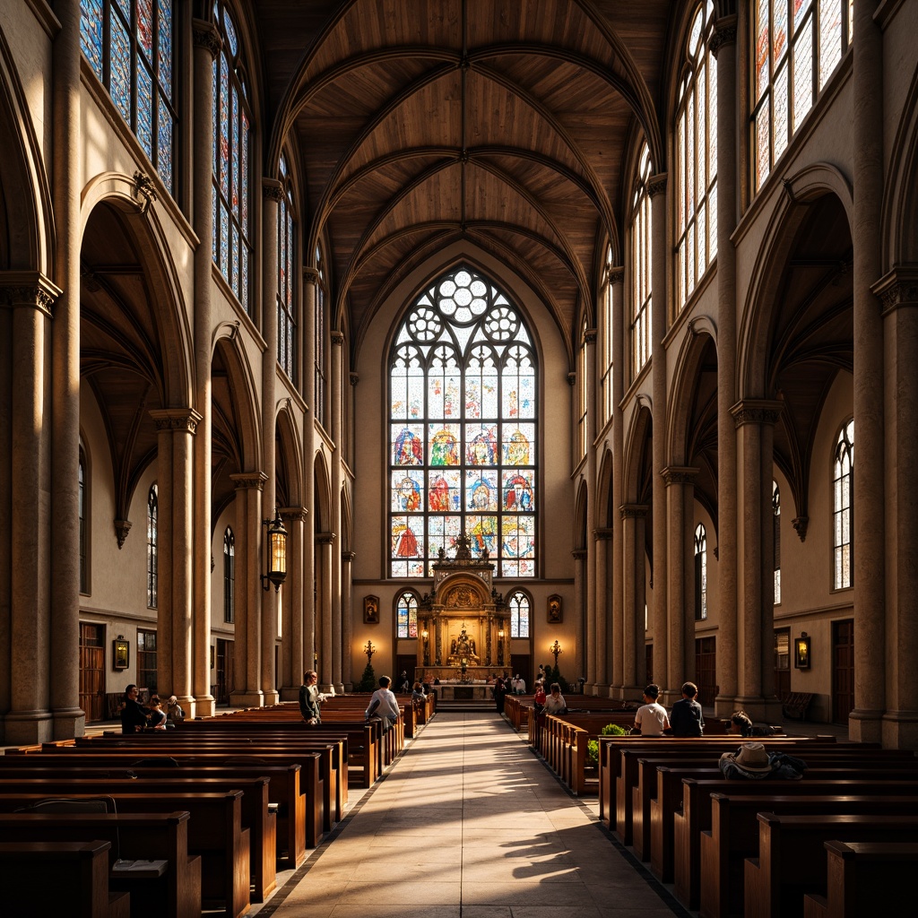 Prompt: Grandiose church facade, stunning stained glass windows, majestic arches, ornate stone carvings, vibrant colored panes, intricate geometric patterns, Gothic-inspired architecture, soaring vaulted ceilings, warm golden lighting, dramatic shadows, 1/1 composition, low-angle shot, atmospheric misting, subtle texture overlays.