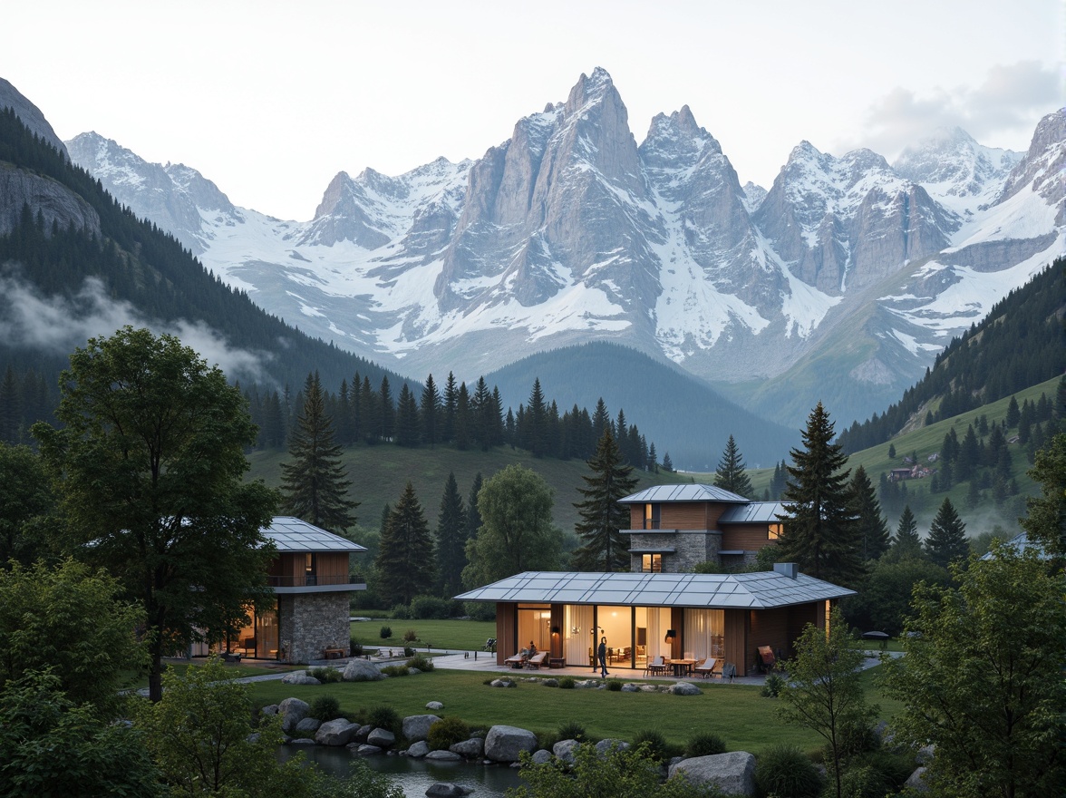 Prompt: Snow-capped mountains, lush alpine forests, eco-friendly mountain lodge, sustainable building materials, wooden accents, stone foundations, green roofs, solar panels, wind turbines, water conservation systems, minimalist design, large windows, natural lighting, panoramic views, misty atmosphere, soft warm glow, shallow depth of field, 3/4 composition, realistic textures, ambient occlusion.