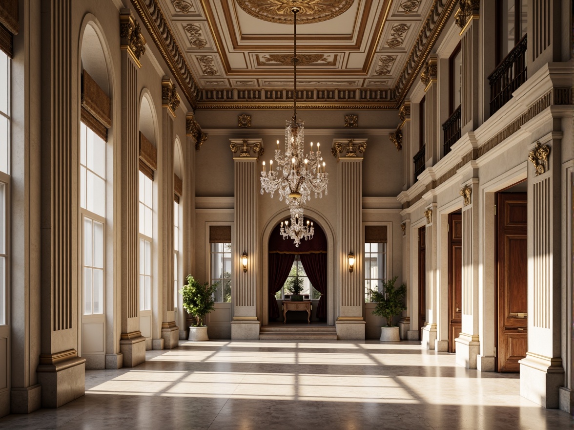 Prompt: Elegant neoclassical building, grandiose columns, ornate carvings, marble flooring, polished stone walls, symmetrical fa\u00e7ade, arched windows, decorative pilasters, carved wooden doors, gilded metal details, crystal chandeliers, luxurious velvet drapes, intricate molding patterns, high ceilings, spacious interiors, natural light, soft warm illumination, 1/2 composition, realistic textures, ambient occlusion.