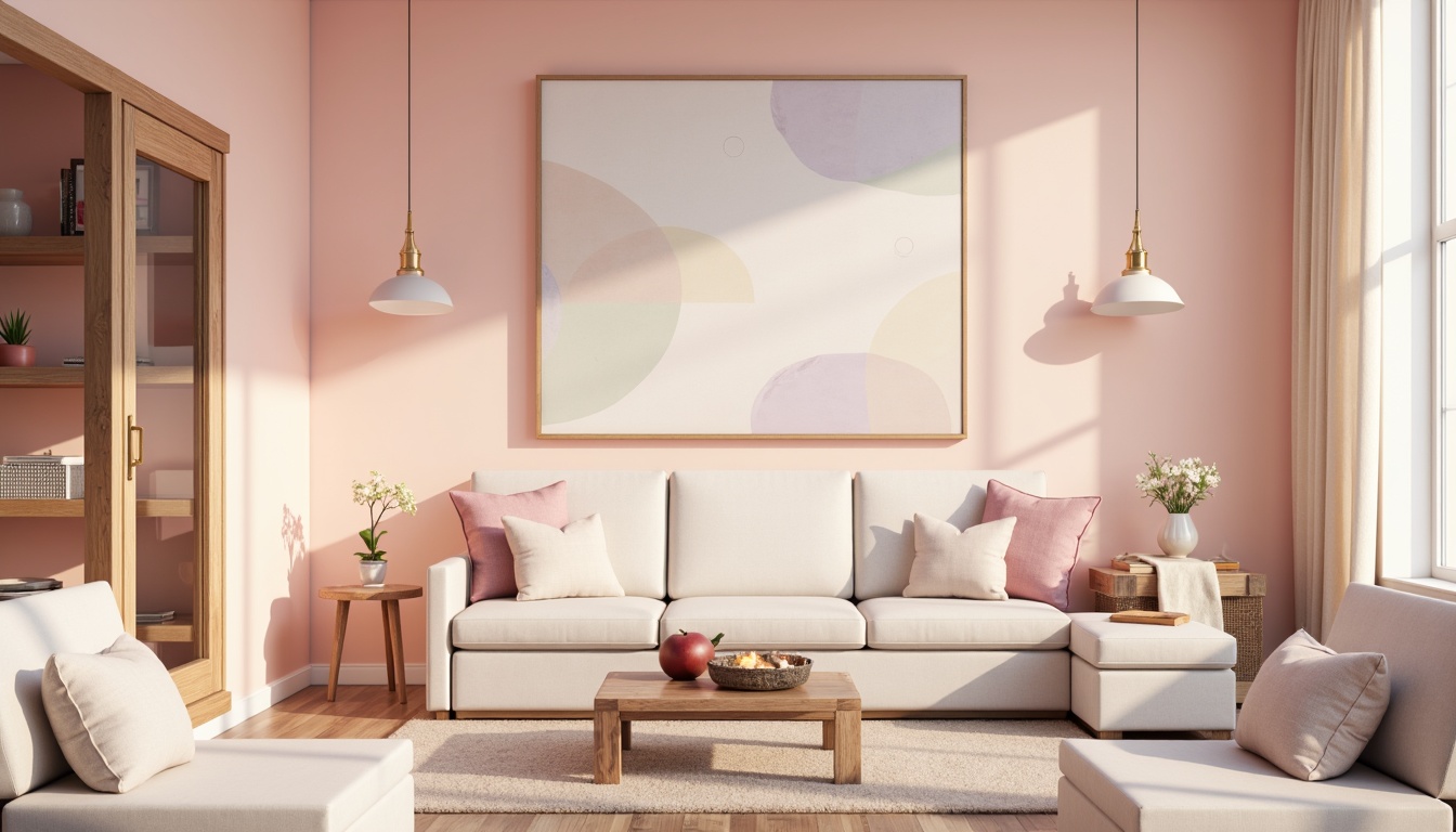 Prompt: Vibrant pastel hues, soft peach tones, calming lavender shades, creamy whites, rich wood accents, natural stone textures, elegant gold metallics, subtle gradient transitions, warm ambient lighting, cozy atmosphere, Scandinavian-inspired design, minimal ornamentation, simple geometric shapes, organic curves, earthy undertones, soothing color harmony, 3/4 composition, realistic renderings, ambient occlusion.