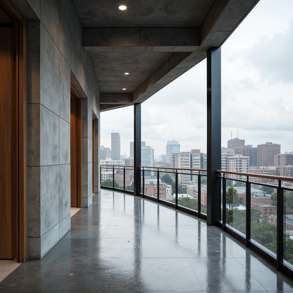 Prompt: Polished concrete floors, exposed steel beams, minimalist metal frames, industrial-style lighting fixtures, smooth wooden accents, sleek glass railings, brutalist concrete walls, abstract geometric patterns, monochromatic color schemes, modern urban landscape, cloudy sky, soft diffused natural light, high contrast shadows, 1/1 composition, symmetrical architecture, clean lines, minimal ornamentation, functional design, raw industrial materials, refined interior spaces, subtle texture variations.