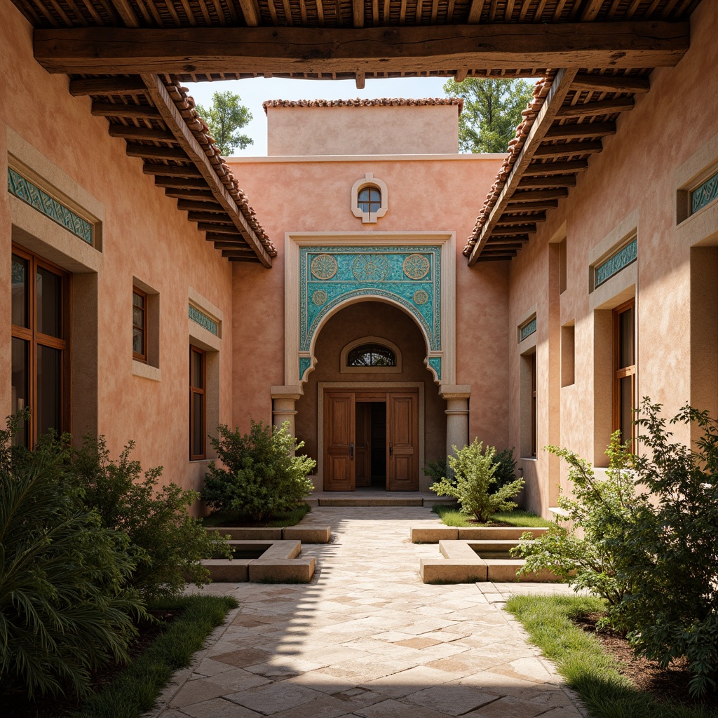 Prompt: Rustic wooden beams, earthy adobe walls, terracotta roof tiles, ornate stone carvings, vibrant turquoise accents, intricate Moorish arches, grandiose entrance gates, lush green courtyards, serene water features, regional cultural patterns, warm golden lighting, shallow depth of field, 3/4 composition, panoramic view, realistic textures, ambient occlusion.