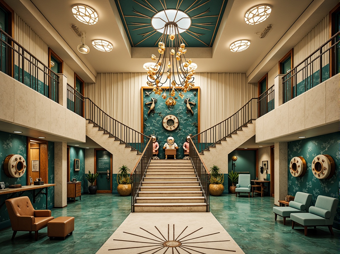 Prompt: Art Deco coastal science center, ornate metalwork, scallop-shell patterns, ocean-inspired motifs, turquoise accents, polished chrome details, geometric mosaics, stylized sea creatures, decorative portholes, nautical instruments, vintage diving helmets, distressed wood paneling, creamy white walls, warm golden lighting, shallow depth of field, 1/2 composition, symmetrical architecture, ornate door handles, curved staircases, lavish chandeliers.