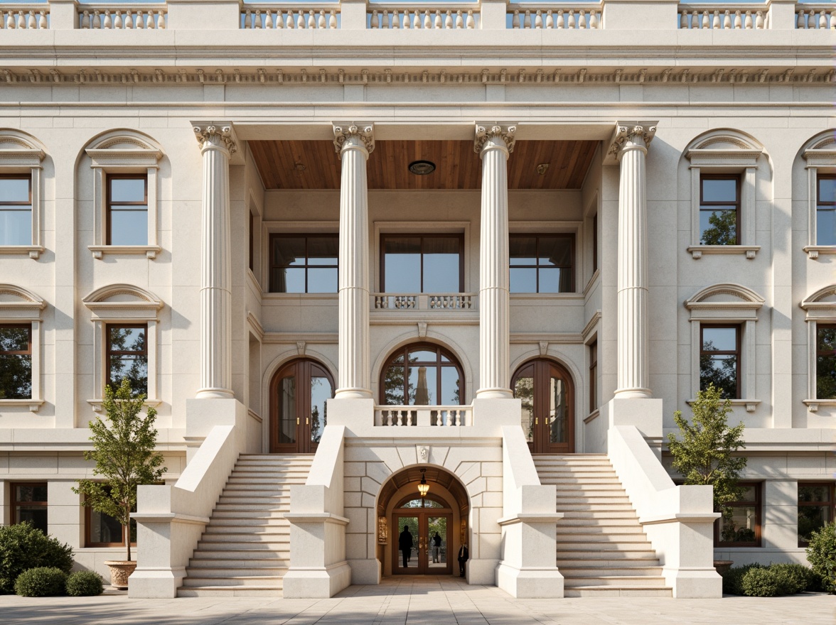 Prompt: Grandiose building facade, ornate details, ionic columns, symmetrical composition, neutral color palette, creamy white marble, richly textured stone walls, decorative pilasters, arched windows, grand entranceways, sweeping staircases, intricate moldings, subtle shading, soft warm lighting, shallow depth of field, 1/1 composition, realistic textures, ambient occlusion.