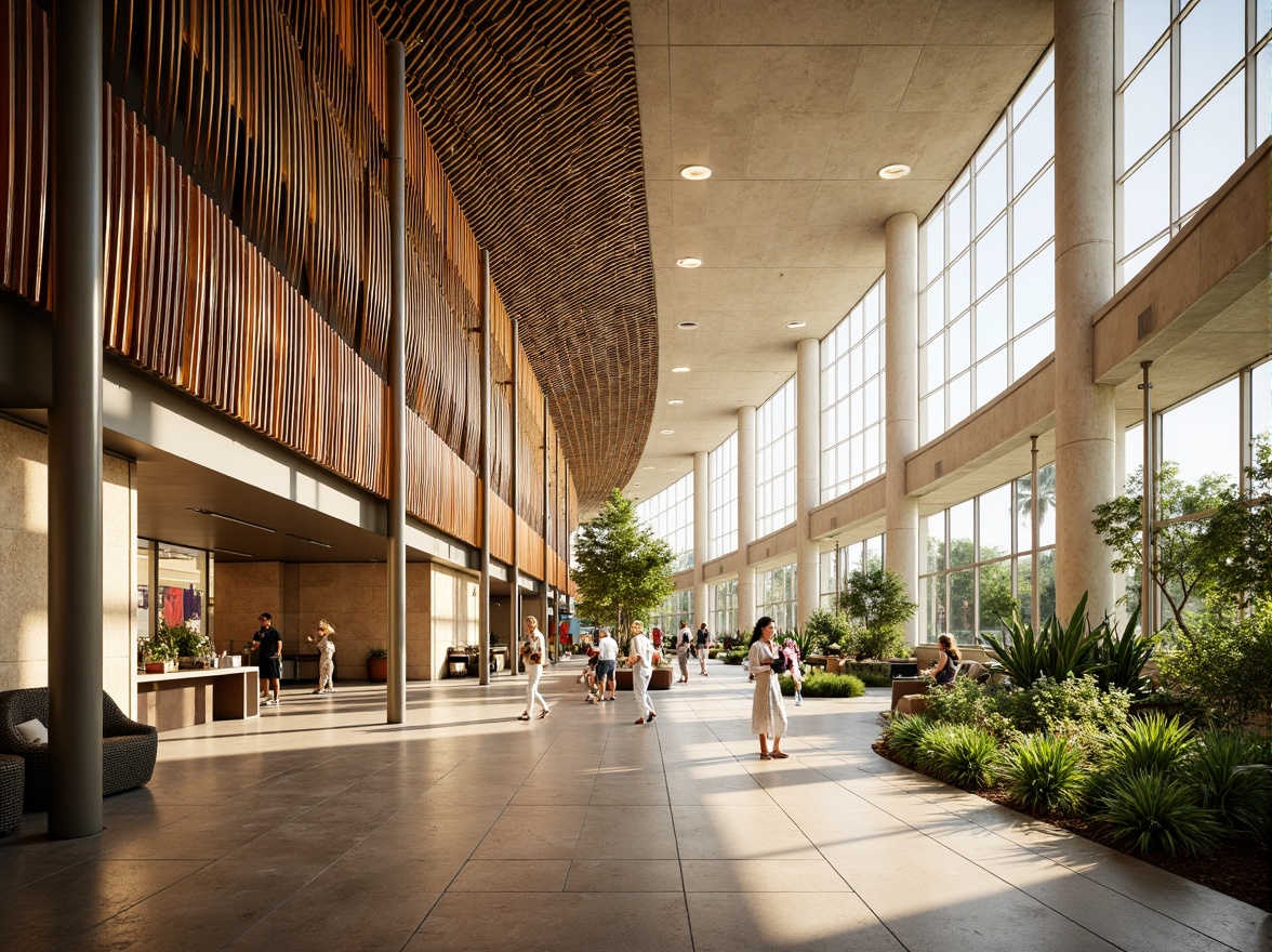 Prompt: Vibrant airport terminal, curved glass fa\u00e7ade, metallic ribs, dynamic LED lighting, cultural patterns, regional motifs, warm beige tones, modern architecture, large open spaces, airy atriums, natural stone flooring, lush green walls, tropical plants, sunny day, soft diffused lighting, shallow depth of field, 1/1 composition, panoramic view, realistic reflections, ambient occlusion.