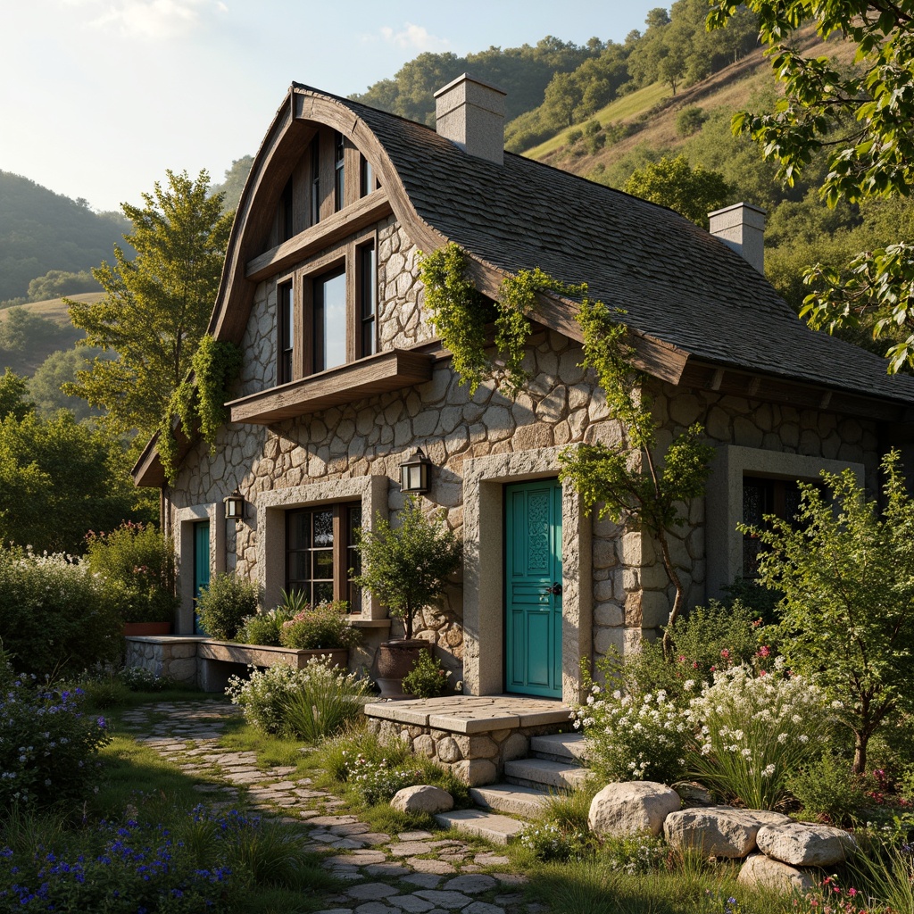 Prompt: Rustic rural cottage, curved lines, flowing ornateness, intricate stonework, vibrant turquoise accents, delicate metal filigree, ornate wooden doors, stained glass windows, lush greenery, overgrown vines, wildflowers, moss-covered roofs, natural stone foundations, rolling hills, serene countryside, warm golden lighting, soft focus, shallow depth of field, 1/2 composition, intimate atmosphere, realistic textures, ambient occlusion.