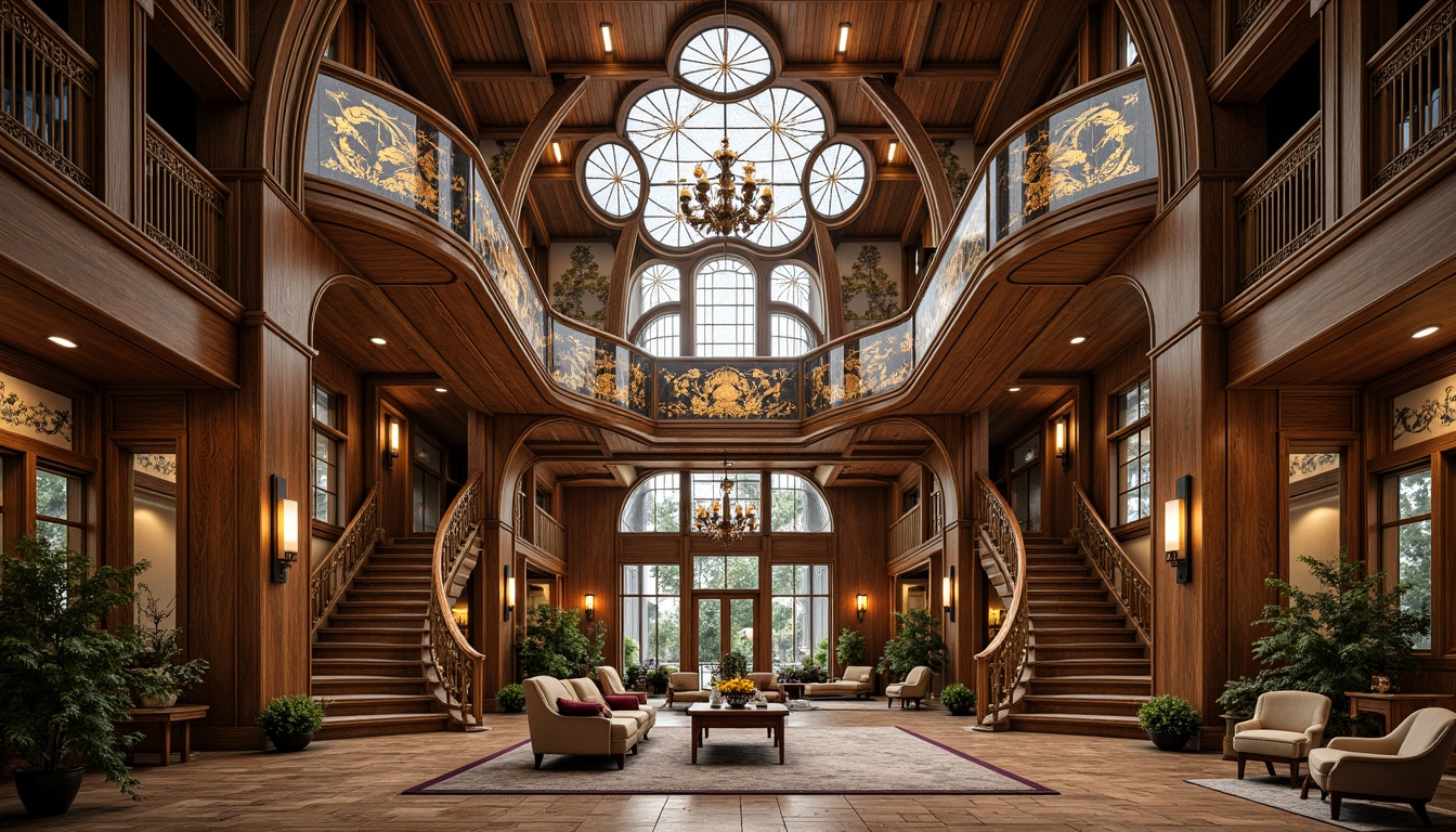 Prompt: \Ornate Art Nouveau building, flowing curves, organic forms, luxurious materials, polished wood accents, stained glass windows, intricate metalwork, ornamental iron gates, whimsical botanical patterns, sinuous lines, fluid shapes, grand staircases, lavish furnishings, opulent textiles, soft warm lighting, shallow depth of field, 1/1 composition, panoramic view, realistic textures, ambient occlusion.\Please let me know if this meets your expectations!