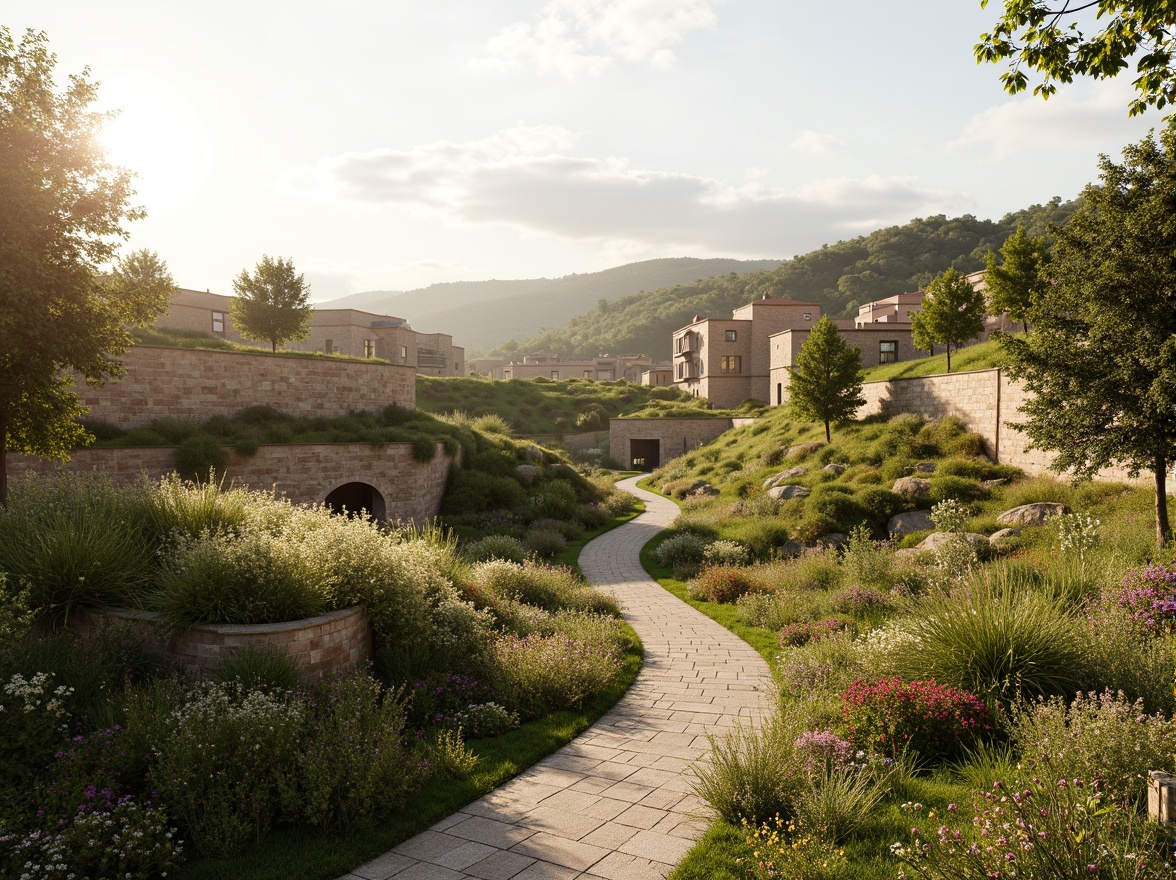 Prompt: Harmonious landscape fusion, rolling hills, meandering pathways, lush greenery, vibrant wildflowers, natural stone walls, curved buildings, organic architecture, earthy tones, seamless transitions, blurred boundaries, soft gradient skies, warm sunny day, gentle breeze, shallow depth of field, 1/1 composition, atmospheric perspective, realistic textures, ambient occlusion.