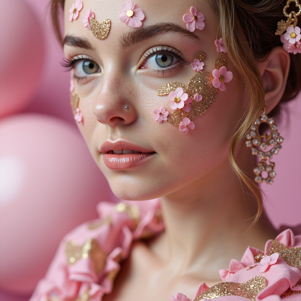 Prompt: Vibrant magenta accents, pastel pink hues, soft peach tones, creamy whites, rich charcoal grays, metallic silver highlights, luxurious velvet textures, ornate golden patterns, delicate floral motifs, whimsical watercolor effects, dreamy ethereal atmosphere, soft focus, warm diffused lighting, 1/2 composition, intimate close-up shots, realistic skin tones, subtle noise reduction.