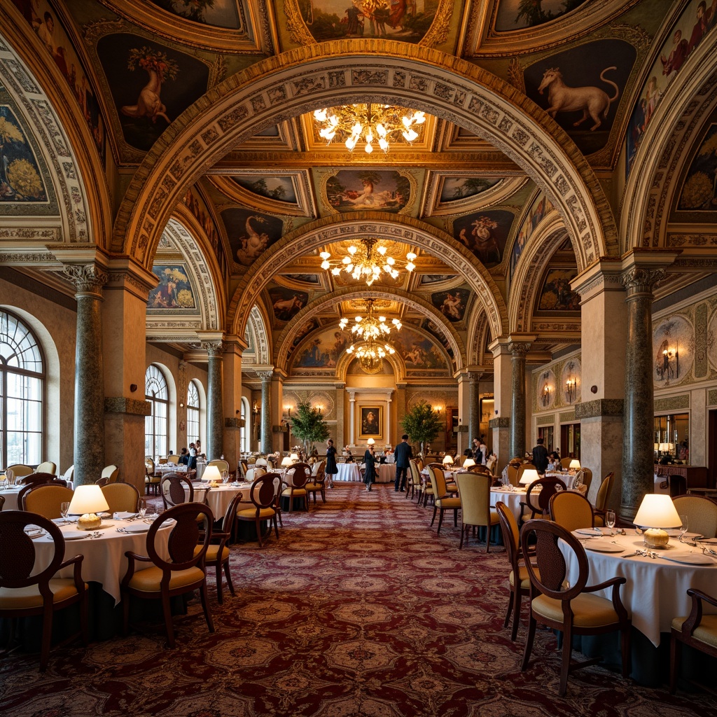 Prompt: Majestic dining hall, grand arches, ornate Byzantine details, golden mosaics, richly patterned carpets, intricately carved wooden chairs, lavish chandeliers, marble columns, vaulted ceilings, warm ambient lighting, soft focus, shallow depth of field, 1/2 composition, ornamental frescoes, decorative moldings, opulent drapery, luxurious fabrics, majestic throne-like seating, grandiose architectural elements.