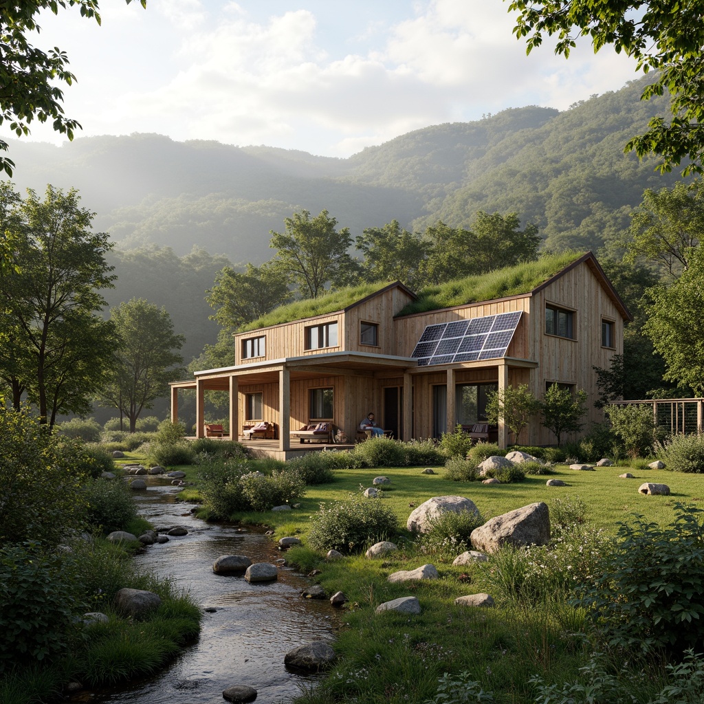 Prompt: Rustic rural cottage, natural stone walls, wooden accents, earthy tones, lush green roofs, solar panels, wind turbines, rainwater harvesting systems, organic gardens, meandering streams, surrounding forests, rolling hills, misty mornings, soft warm lighting, shallow depth of field, 3/4 composition, panoramic view, realistic textures, ambient occlusion.