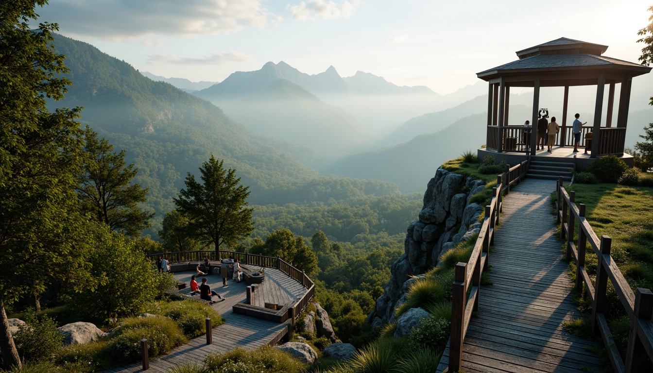 Prompt: Panoramic watchtower, majestic mountain ranges, lush green forests, winding stone paths, rustic wooden decks, scenic lookout points, binocular installations, telescopes, outdoor furniture, natural rock formations, misty atmosphere, warm sunlight, soft shadows, 1/2 composition, atmospheric perspective, realistic foliage, detailed textures, ambient occlusion.