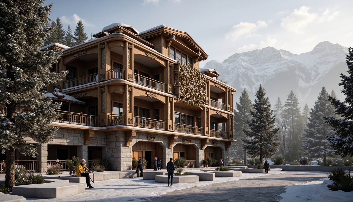 Prompt: Ornate ski center facade, Baroque architectural style, grandiose entrance, intricately carved wooden doors, gilded accents, sweeping archways, ornamental balconies, rusticated stone walls, snow-capped roofs, dramatic mountainous backdrop, misty morning atmosphere, warm golden lighting, shallow depth of field, 1/1 composition, realistic textures, ambient occlusion.